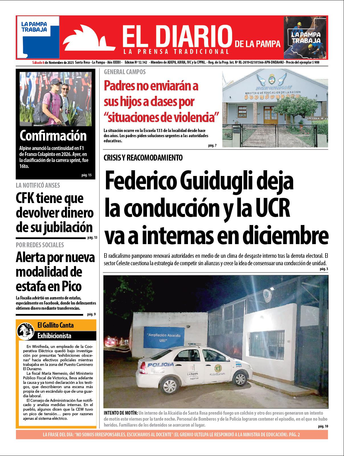 Tapa de El Diario en papel  saacutebado 08 de noviembre de 2025
